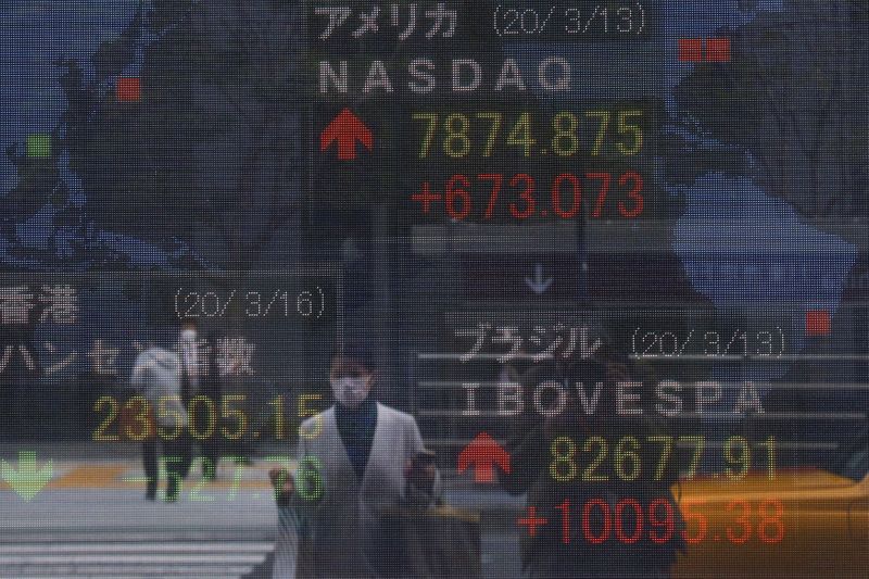© Reuters. A woman wearing a protective face mask, following an outbreak of the coronavirus disease (COVID-19), is reflected in a screen displaying NASDAQ movements outside a brokerage in Tokyo