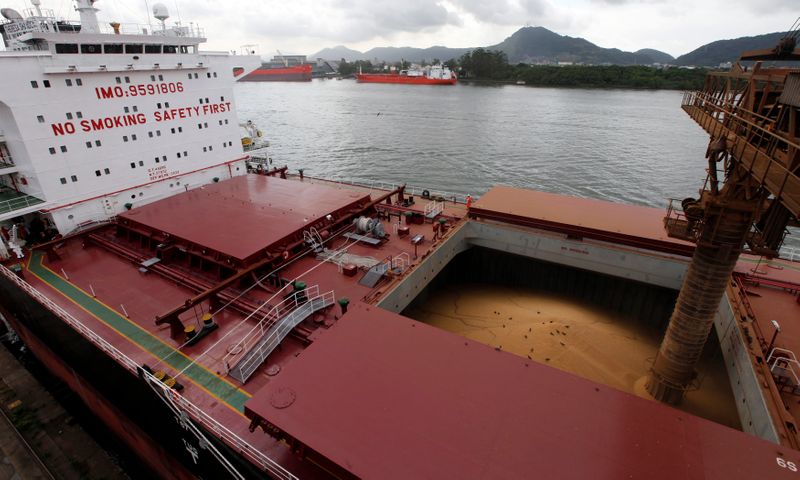 © Reuters. Navio é carregado com soja para exportação no Porto de Santos (SP)