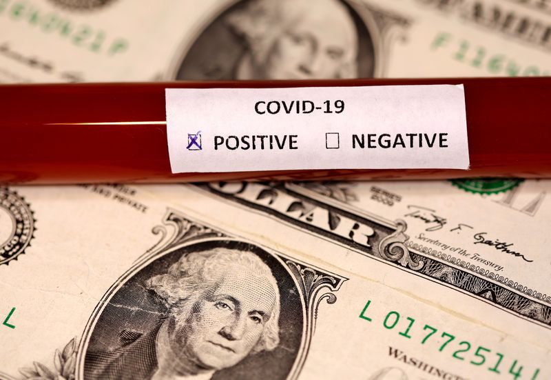 © Reuters. FILE PHOTO: Picture illustration of a test tube labelled with the coronavirus placed on U.S. dollar banknotes