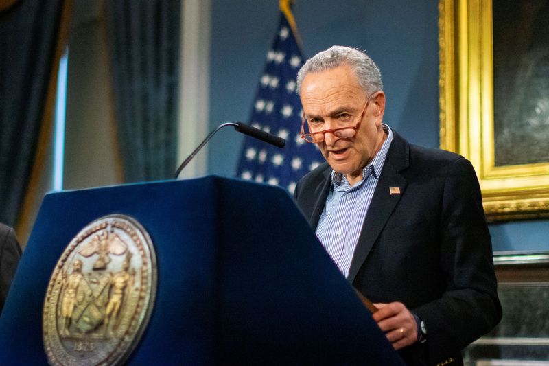 © Reuters. U.S. Senate Minority Leader Schumer, (D-NY) speaks during a news briefing of the COVID-19 at the City Hall in the Manhattan borough of New York City, New York