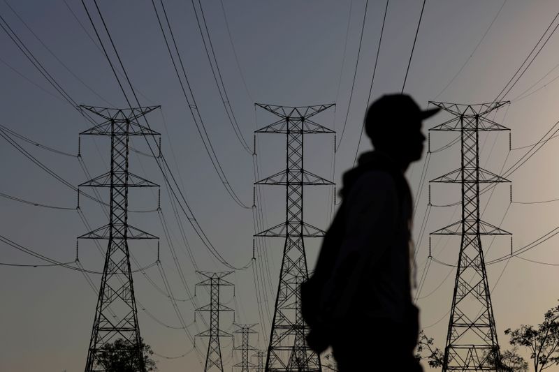 © Reuters. Homem caminha próximo a torres e linhas de transmissão de energia em Brasília (DF)