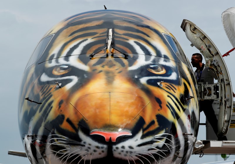 © Reuters. FILE PHOTO: Embraer E-190 E2 aircraft featuring a spray painted tiger's face is displayed during a media preview of the Singapore Airshow