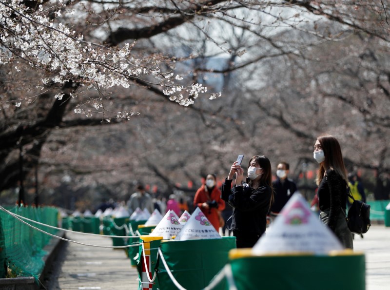 © Reuters. Visitors wearing a protective face masks following an outbreak of the coronavirus disease look at blooming cherry blossoms next to ropes cordonning off viewing parties at the area at Ueno park in Tokyo, Japan