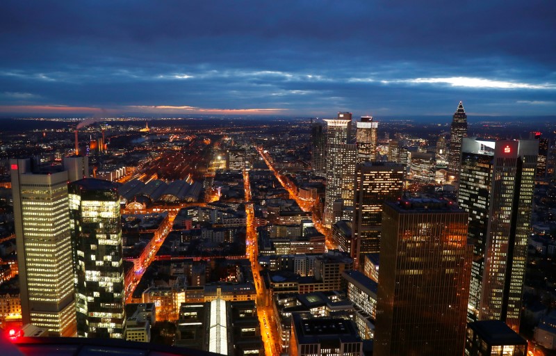 © Reuters. The financial district is photographed on early evening in Frankfurt