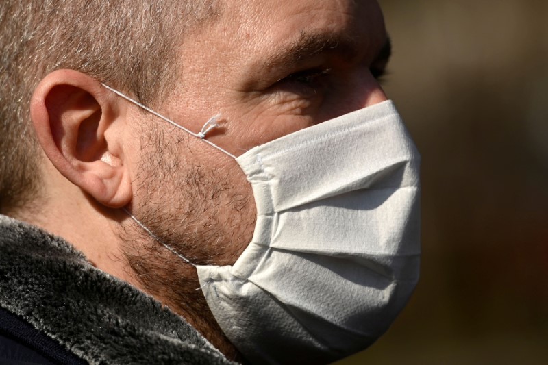 © Reuters. Slovakia's Prime Minister Peter Pellegrini visited textile factory Zornica Banko Fashion, which changed its production lines from shirts to produce protective face masks, to contain the spread of the coronavirus disease (COVID-19)