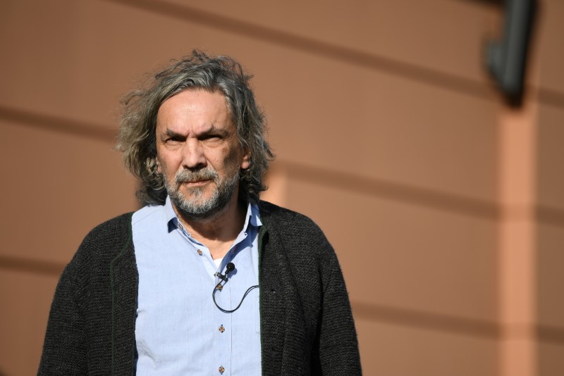 © Reuters. Director Christian Stueckl stands in front of the theatre where the new production of the Oberammergau Passion Play will take place