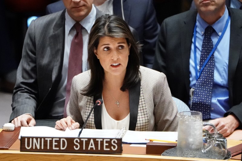 © Reuters. US Ambassador to the United Nations Haley speaks at UN HQ in New York City