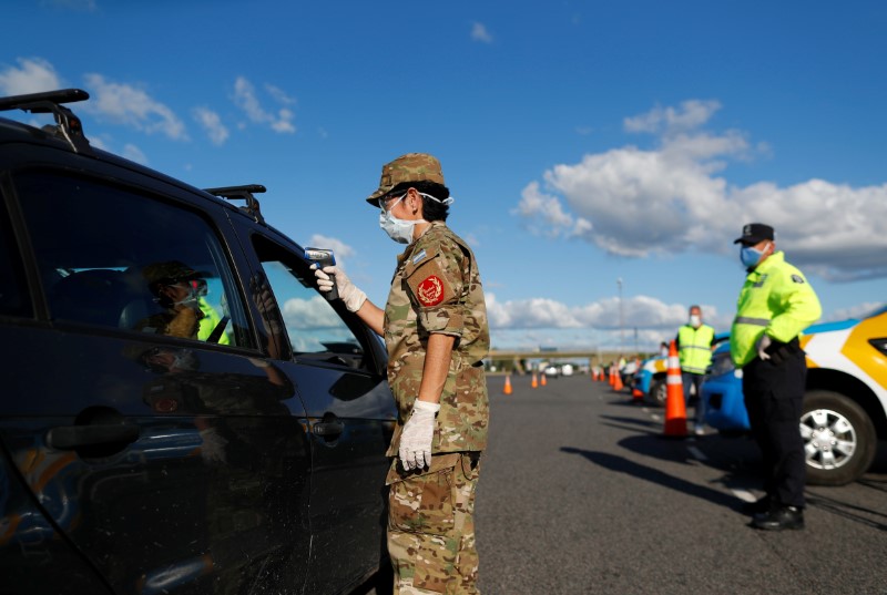 © Reuters. A member of the Argentine border police takes the temperature of a driver for precaution due to coronavirus disease (COVID-19), in Buenos Aires