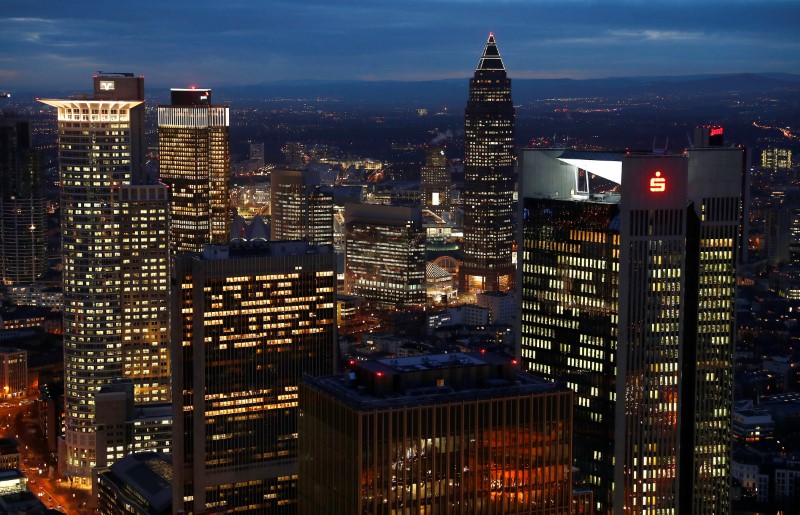 © Reuters. The financial district is photographed on early evening in Frankfurt