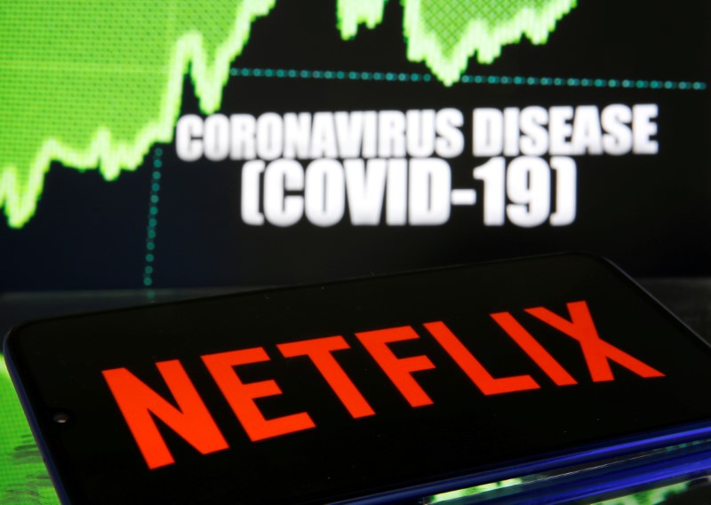 © Reuters. FILE PHOTO: Netlix logo is seen in front of diplayed coronavirus disease (COVID-19)
