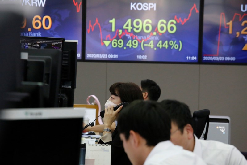 © Reuters. A currency dealer talks on the phone in front of electronic boards showing the Korea Composite Stock Price Index (KOSPI) and the exchange rate between the U.S. dollar and South Korean won, in Seoul