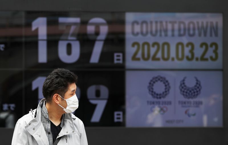 &copy; Reuters. A passersby, wearing a face mask due to the outbreak of the coronavirus disease (COVID-19), walks past a screen counting down the days to the Tokyo 2020 Olympic Games