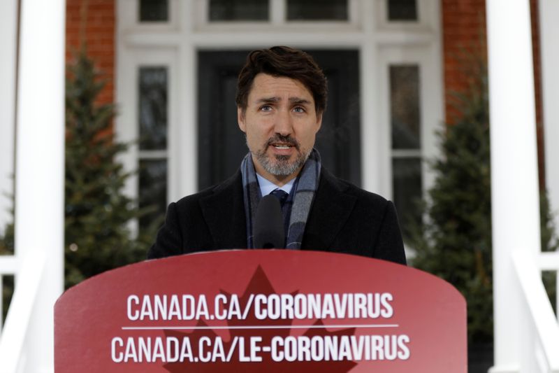 &copy; Reuters. Canada&apos;s Prime Minister Justin Trudeau attends a news conference as efforts continue to help slow the spread of coronavirus disease (COVID-19) in Ottawa