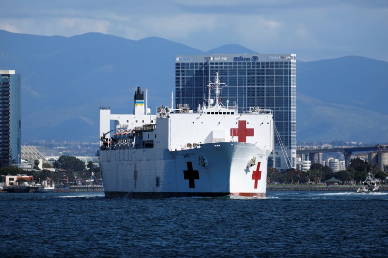 &copy; Reuters. The USNS Mercy, a Navy hospital ship, departs the Naval Station San Diego