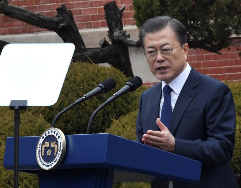 &copy; Reuters. FILE PHOTO - South Korea&apos;s President Moon Jae-in speaks during a ceremony in Seoul