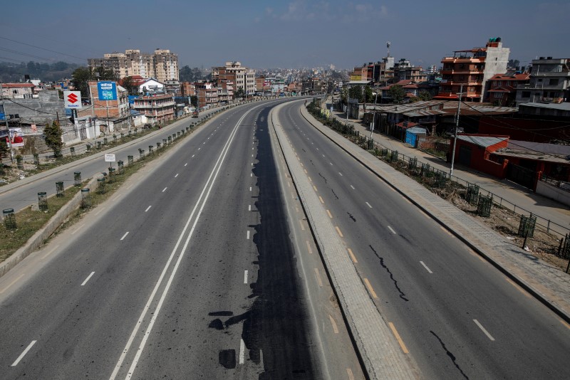 &copy; Reuters. Empty roads are pictured following the lockdown by the government amid concerns about the spread of coronavirus disease (COVID-19) outbreak, in Kathmandu