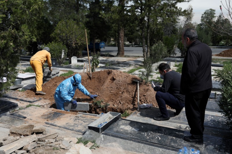 &copy; Reuters. Iranianos enterram homem morto por causa da Covid-19 em cemitério de Teerã
