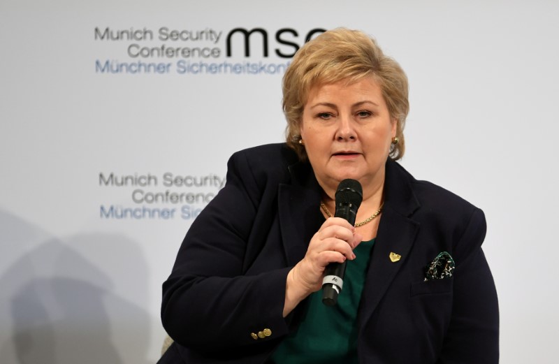 &copy; Reuters. FILE PHOTO: Norway&apos;s Prime Minister Erna Solberg attends a panel during the annual Munich Security Conference in Munich, Germany
