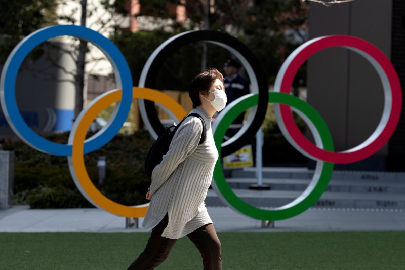 &copy; Reuters. FILE PHOTO: A woman wearing a protective face mask, following an outbreak of the coronavirus disease (COVID-19), walks past the Olympic rings in front of the Japan Olympics Museum in Tokyo