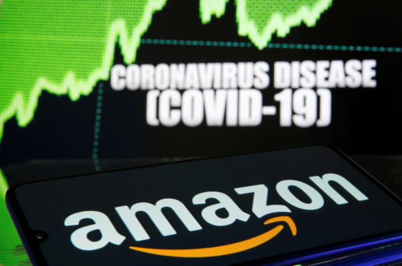 &copy; Reuters. FILE PHOTO: Amazon logo is seen in front of diplayed coronavirus disease (COVID-19)