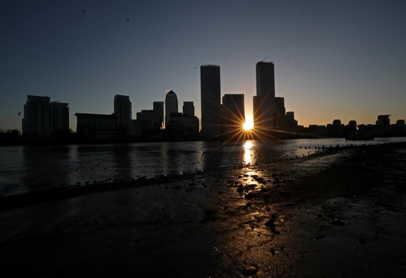 &copy; Reuters. The sun rises behind the Canary Wharf financial district in London
