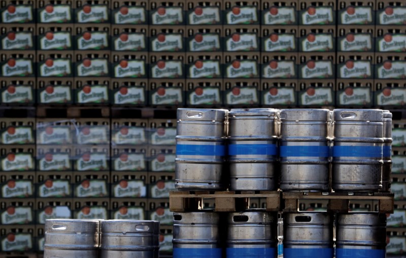 &copy; Reuters. Kegs and crates of beer are seen on the yard of Plzensky Prazdroj brewery in Plzen