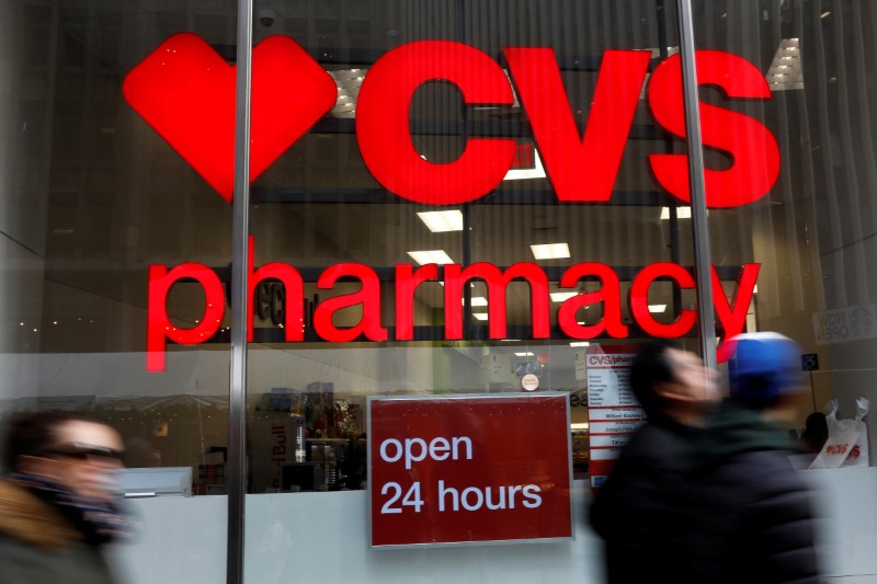 &copy; Reuters. FILE PHOTO: People walk by a CVS Pharmacy store in the Manhattan borough of New York City