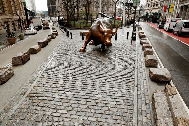 &copy; Reuters. The &quot;Charging Bull&quot; statue stands quiet in the Financial District neighborhood as pedestrian traffic continues to be slower to prevent rampant transmission of the coronavirus disease (COVID-19) in New York