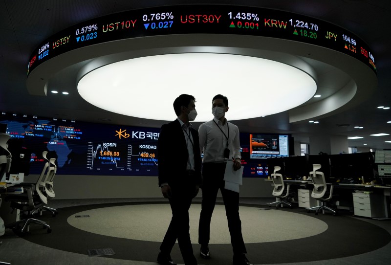 &copy; Reuters. Currency dealers walk past an electronic board showing the Korea Composite Stock Price Index (KOSPI) at a dealing room of a bank in Seoul
