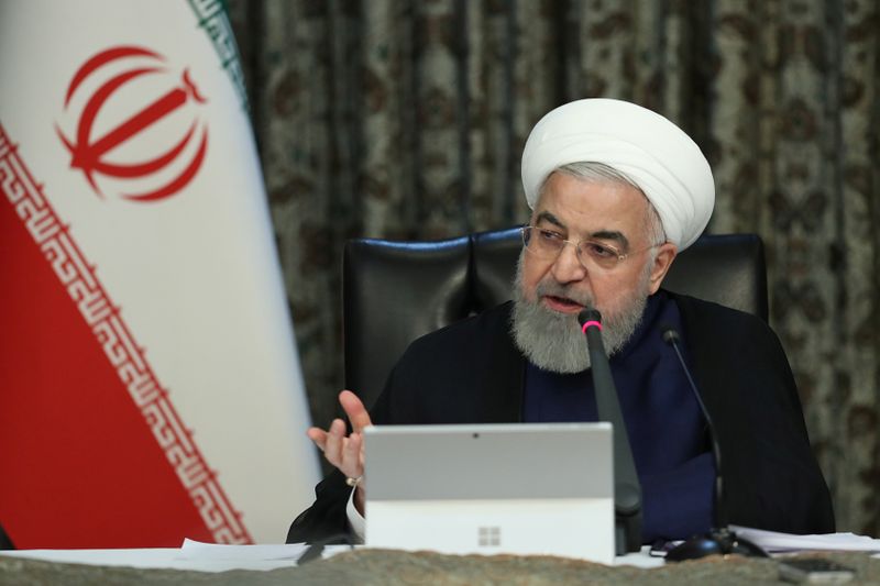&copy; Reuters. FILE PHOTO: Iranian President Hassan Rouhani speaks during a meeting of the Iranian government task force on the coronavirus, in Tehran
