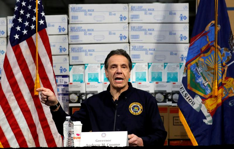 &copy; Reuters. FILE PHOTO: New York Governor Andrew Cuomo speaks in front of stacks of medical protective supplies at a news conference at the Jacob K. Javits Convention Center which will be partially converted into a temporary hospital during the outbreak of the corona