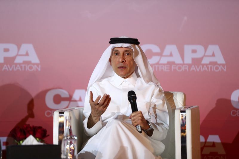 &copy; Reuters. FILE PHOTO: Qatar Airway&apos;s Chief Executive Officer, Akbar Al Baker speaks at the opening session of a CAPA aviation summit, in Doha