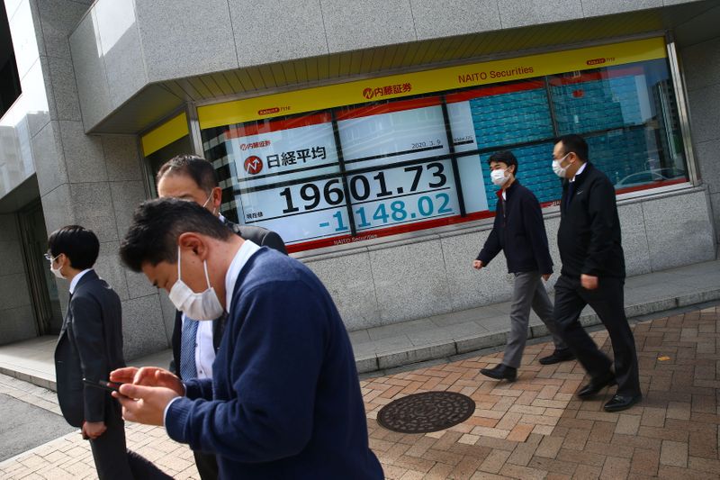 &copy; Reuters. People wearing protective face masks are seen near an electronic display showing the Nikkei index  outside a brokerage in Tokyo