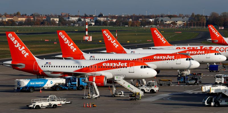 © Reuters. FILE PHOTO: EasyJet airplanes are pictured at Tegel airport in Berlin