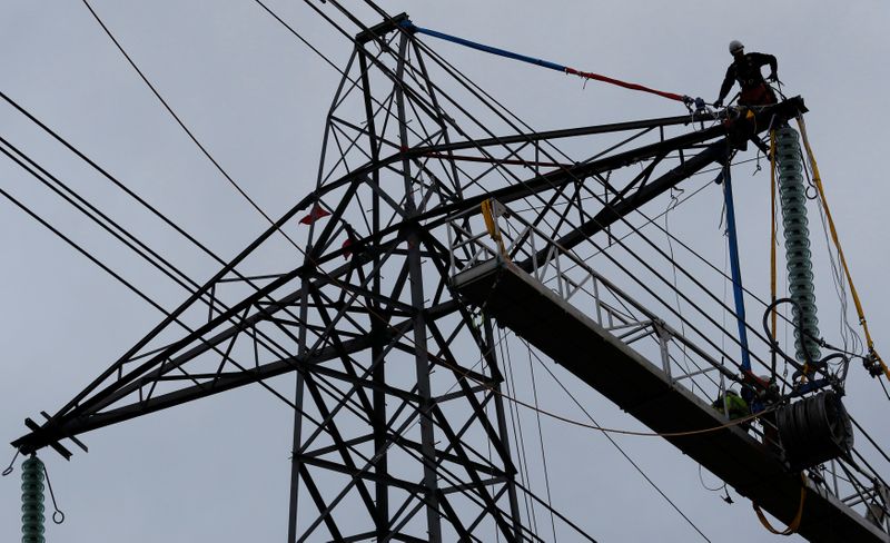 © Reuters. An engineer stands on top of an electricity pylon as he carries out maintenance work near Chester