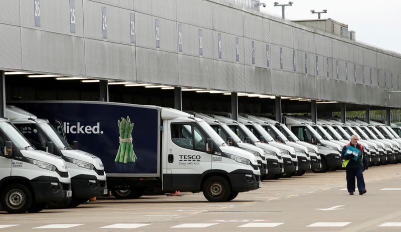 &copy; Reuters. FILE PHOTO: General view of Tesco delivery vans at a depot in Enfield