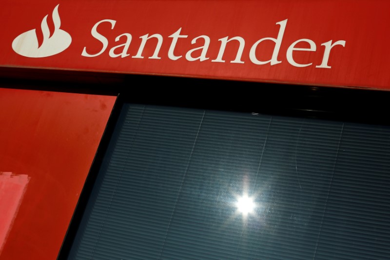 &copy; Reuters. FILE PHOTO: A logo of Santander, the euro zone&apos;s largest lender by market value, is seen on a branch in the Andalusian capital of Seville