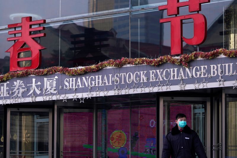 &copy; Reuters. Una guardia di sicurezza con una mascherina davanti all&apos;ingresso della Borsa di Shanghai