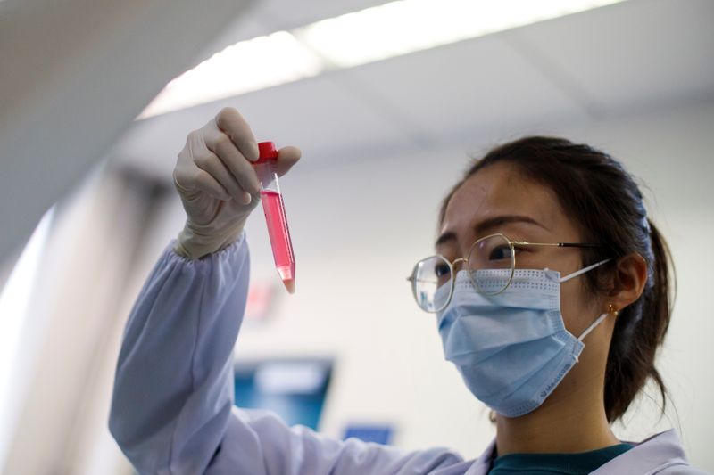 © Reuters. A scientist works in the lab of Linqi Zhang on research into novel coronavirus disease (COVID-19) antibodies for possible use in a drug at Tsinghua University in Beijing