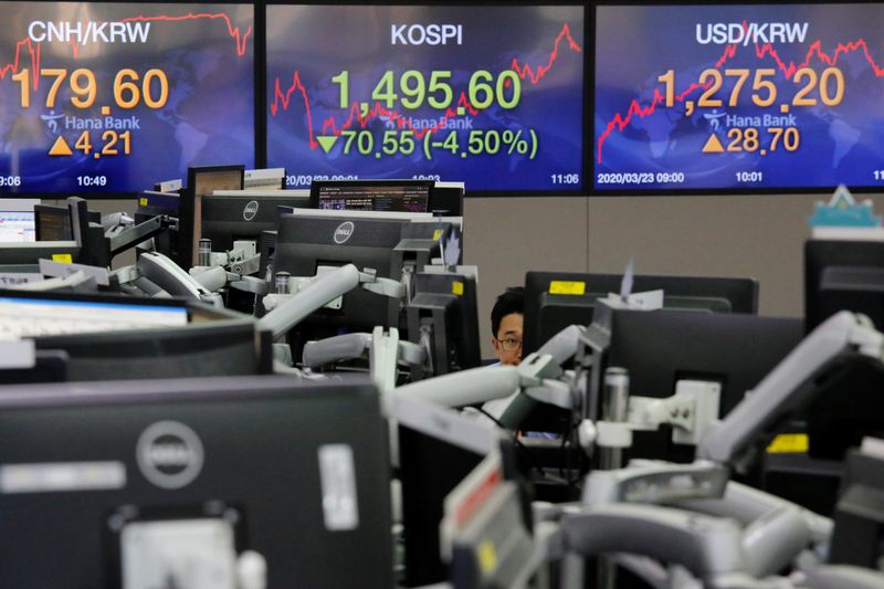 &copy; Reuters. A currency dealer works in front of electronic boards showing the Korea Composite Stock Price Index (KOSPI) and the exchange rate between the U.S. dollar and South Korean won, in Seoul