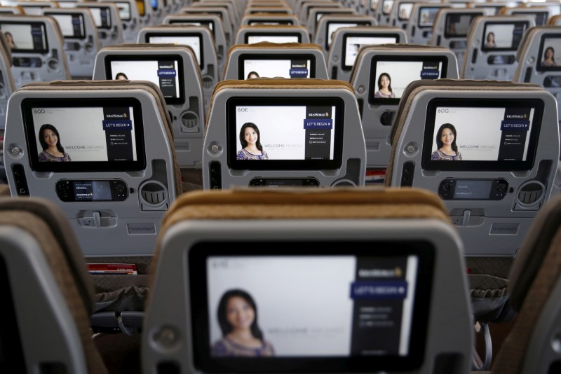 &copy; Reuters. FILE PHOTO: File photo of the inflight entertainment screen on the back of economy class seats on the first Airbus A350-900 delivered to Singapore Airlines