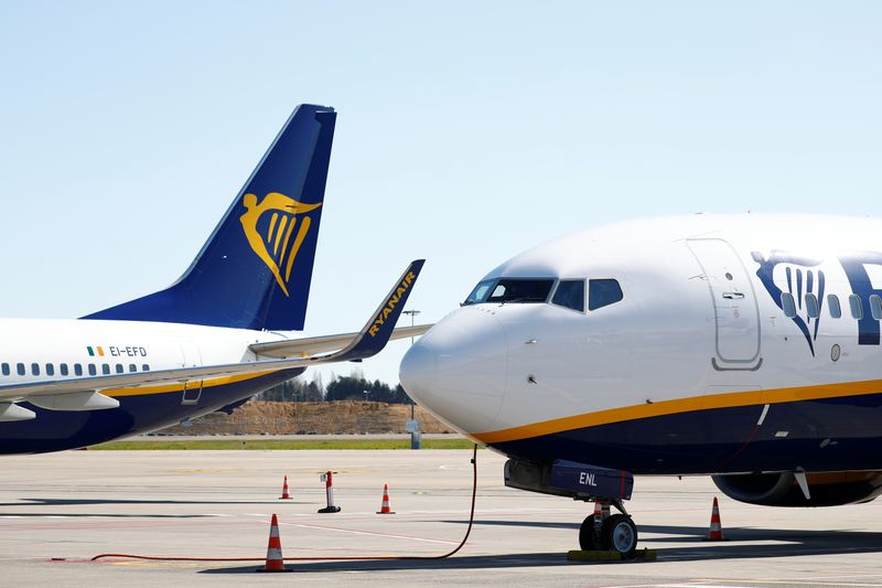 &copy; Reuters. Ryanair aircrafts are parked on the tarmac before the closure of Brussels South Charleroi Airport as airlines have suspended flights to slow down the spread of coronavirus disease (COVID-19), Charleroi