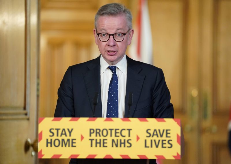 &copy; Reuters. Britain&apos;s Chancellor of the Duchy of Lancaster Michael Gove speaks at a digital news conference on the coronavirus disease (COVID-19) outbreak, in 10 Downing Street in London