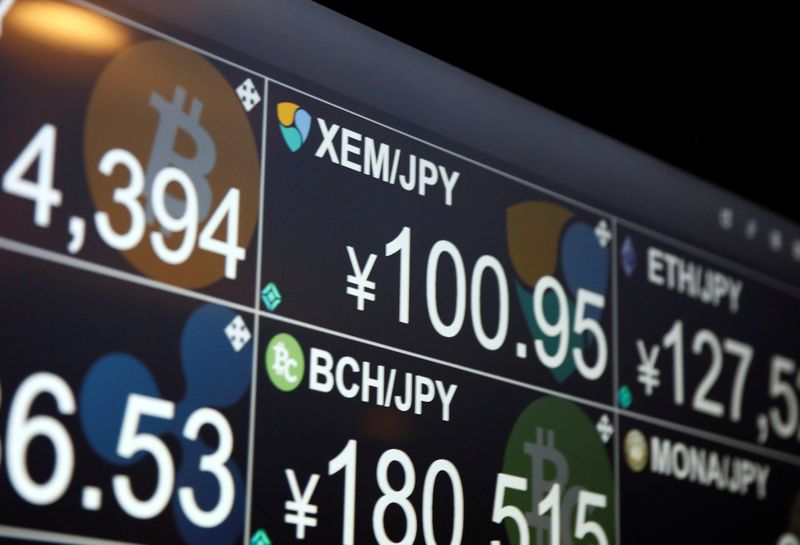 &copy; Reuters. Un monitor mostra i tassi di cambio di varie criptovalute rispetto allo Yen giapponese a Tokyo