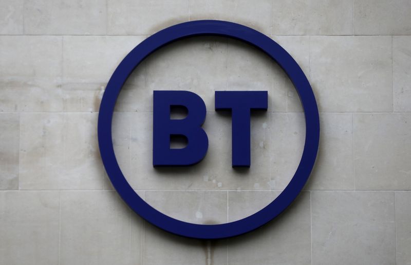 &copy; Reuters. FILE PHOTO:  Company&apos;s logo is displayed at British Telecom (BT) headquarters in London