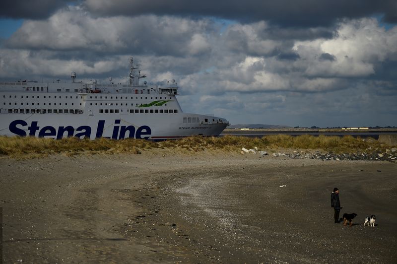 &copy; Reuters. A Stena Line ferry sails past a woman and her dogs on a beach in Dublin