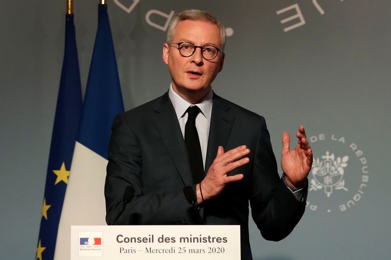 © Reuters. Ministro das Finanças da França, Bruno Le Maire, durante entrevista coletiva em Paris