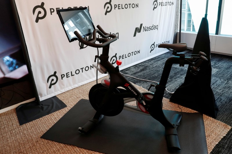 &copy; Reuters. FILE PHOTO: A Peloton exercise bike is seen after the ringing of the opening bell for the company&apos;s IPO at the Nasdaq Market site in New York City