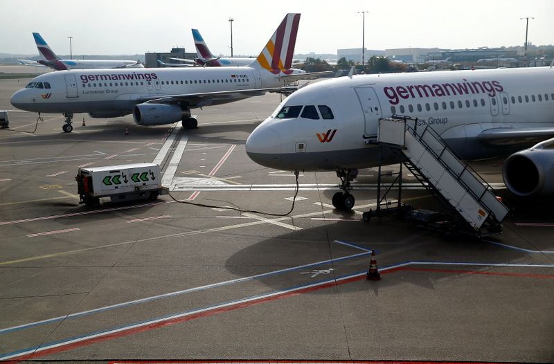 &copy; Reuters. Aircrafts of Germanwings are parked on the tarmac of the Cologne-Bonn airport during a 24-hour strike over pay and working conditions for the employees of Lufthansa&apos;s low budget airlines Eurowings and Germanwings in Cologne