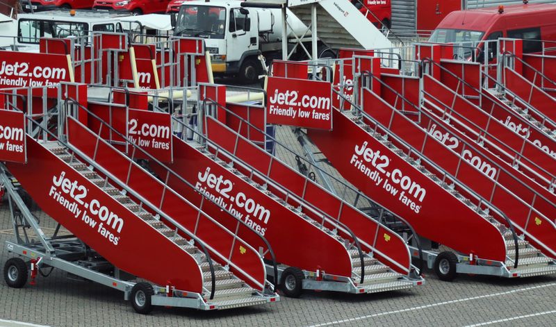 &copy; Reuters. FILE PHOTO: Jet2.com aircraft boarding stairs are stored at Stansted airport in Stansted, Britain